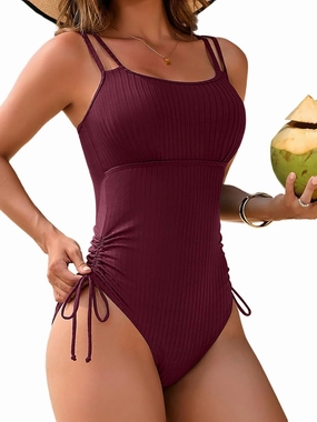 SOCIALA Ribbed One Piece Bathing Suit Women High Cut Swimsuit Tie Side Modest Monikini Swimwear