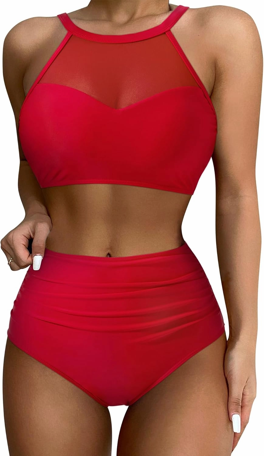 SUUKSESS Women High Waisted Bikini Sets Sexy Mesh High Neck Swimsuit 2 Piece