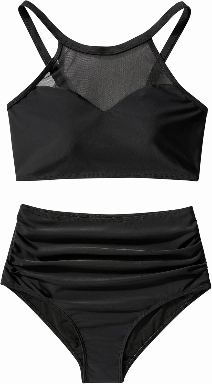 SUUKSESS Women High Waisted Bikini Sets Sexy Mesh High Neck Swimsuit 2 Piece