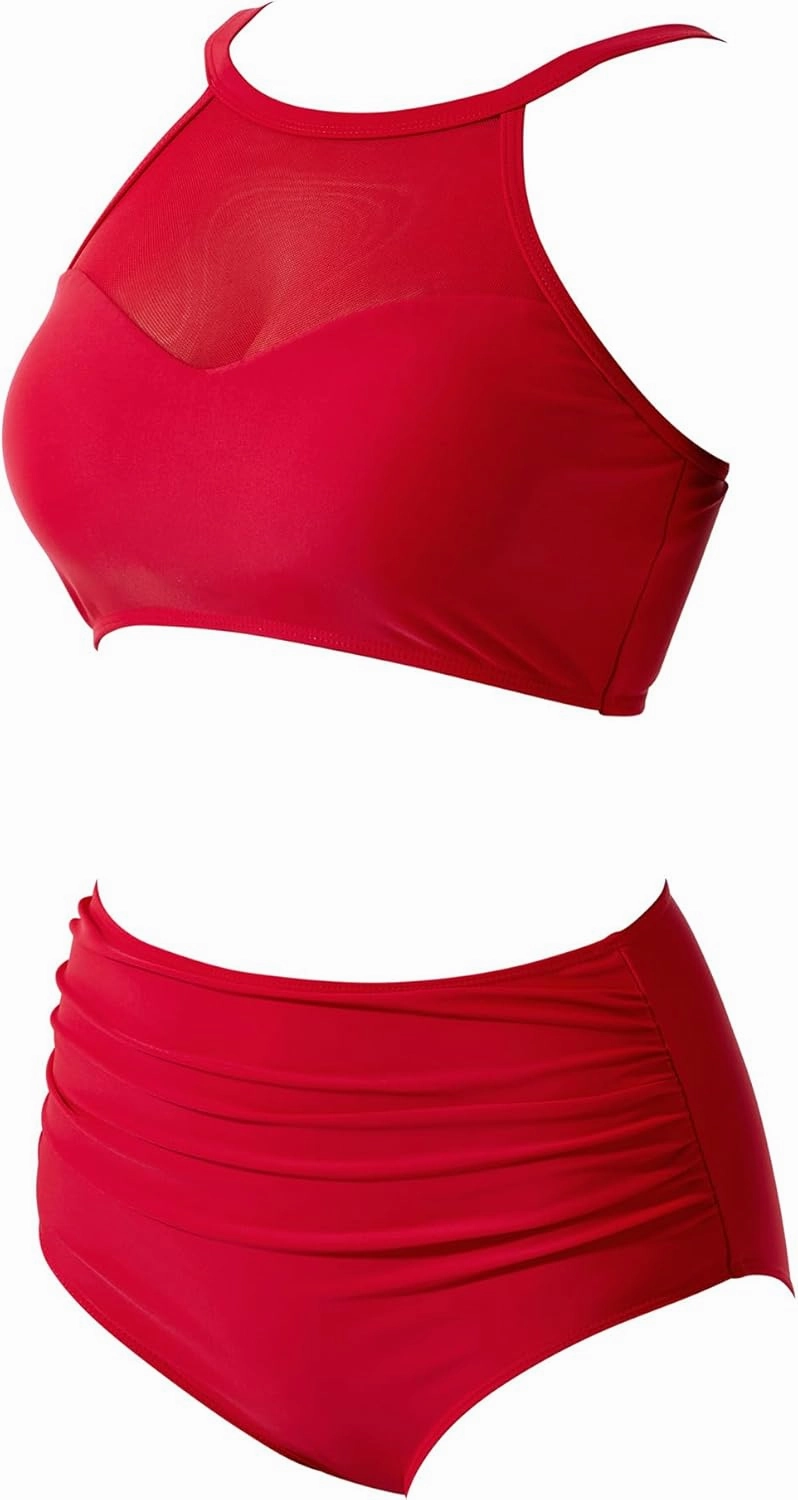 SUUKSESS Women High Waisted Bikini Sets Sexy Mesh High Neck Swimsuit 2 Piece