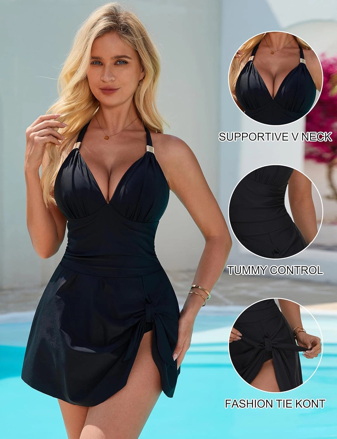 SUUKSESS Women One Piece Swim Dress Tummy Control Swimsuit Tie Knot Bathing Suit