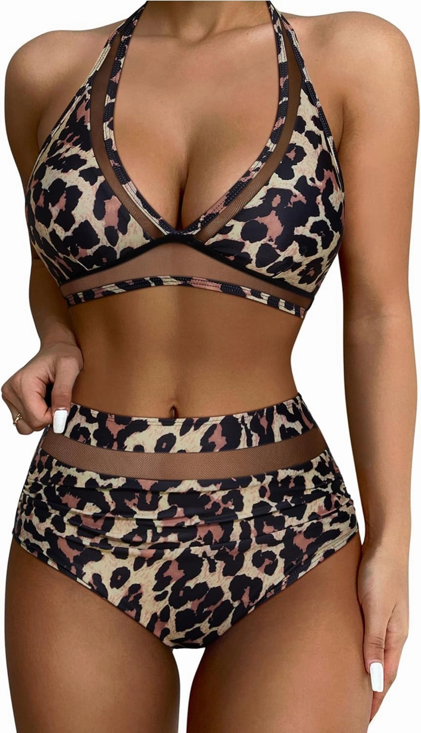 SUUKSESS Women Sexy High Waist Bikini Sets Mesh Tummy Control 2 Piece Swimsuits