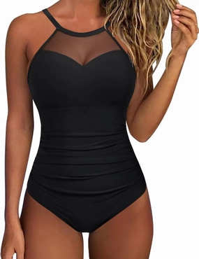 SUUKSESS Women Tummy Control One Piece Swimsuit Sexy Mesh High Neck Bathing Suit