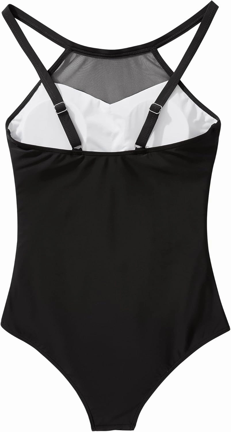SUUKSESS Women Tummy Control One Piece Swimsuit Sexy Mesh High Neck Bathing Suit