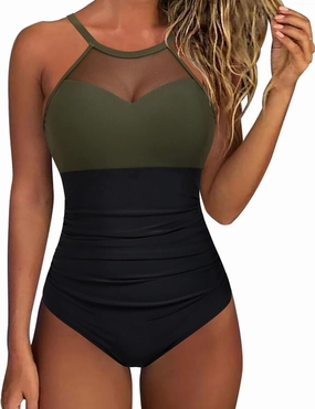 SUUKSESS Women Tummy Control One Piece Swimsuit Sexy Mesh High Neck Bathing Suit