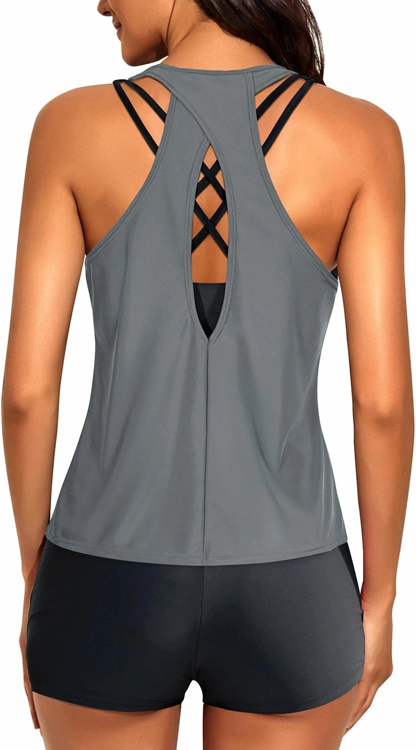 Tempt Me 3 Piece Tankini Swimsuits for Women Athletic Bathing Suits Swim Tank Top with Boy Shorts and Bra Modest Swimwear
