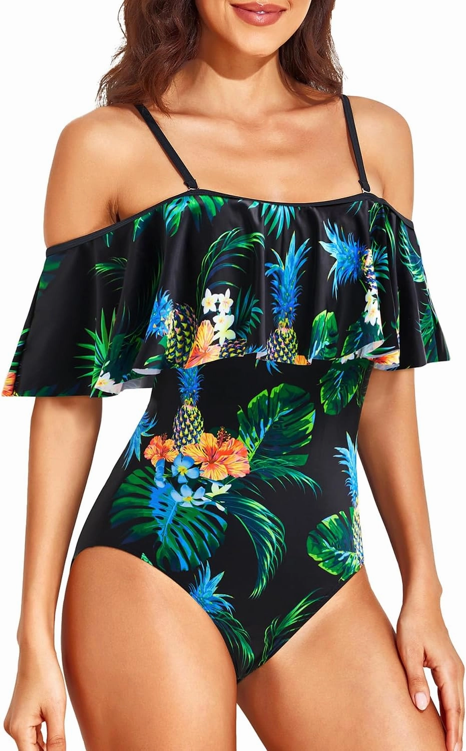 Tempt Me Off Shoulder One Piece Swimsuit for Women Ruffled Sleeves Retro Bathing Suits