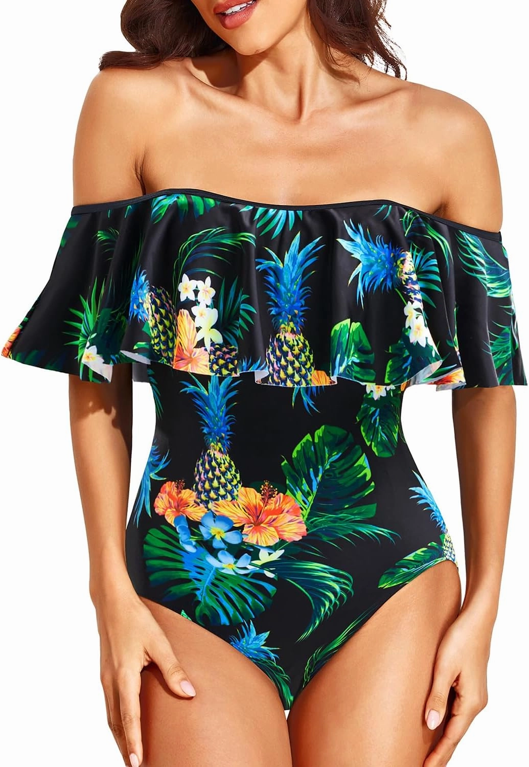 Tempt Me Off Shoulder One Piece Swimsuit for Women Ruffled Sleeves Retro Bathing Suits
