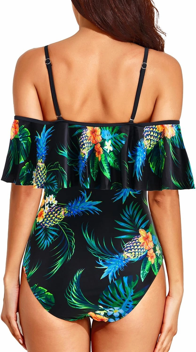 Tempt Me Off Shoulder One Piece Swimsuit for Women Ruffled Sleeves Retro Bathing Suits