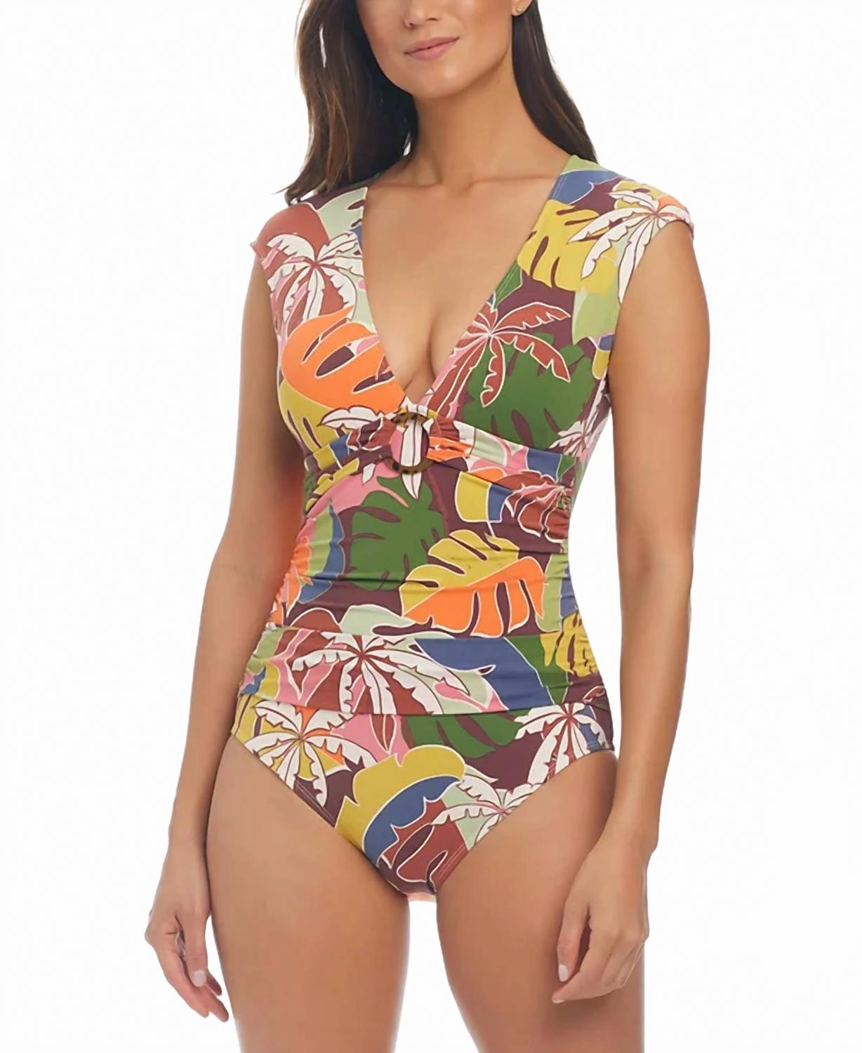 Tropical Print Cap Sleeve Swimsuit In Multi