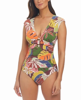 Tropical Print Cap Sleeve Swimsuit In Multi