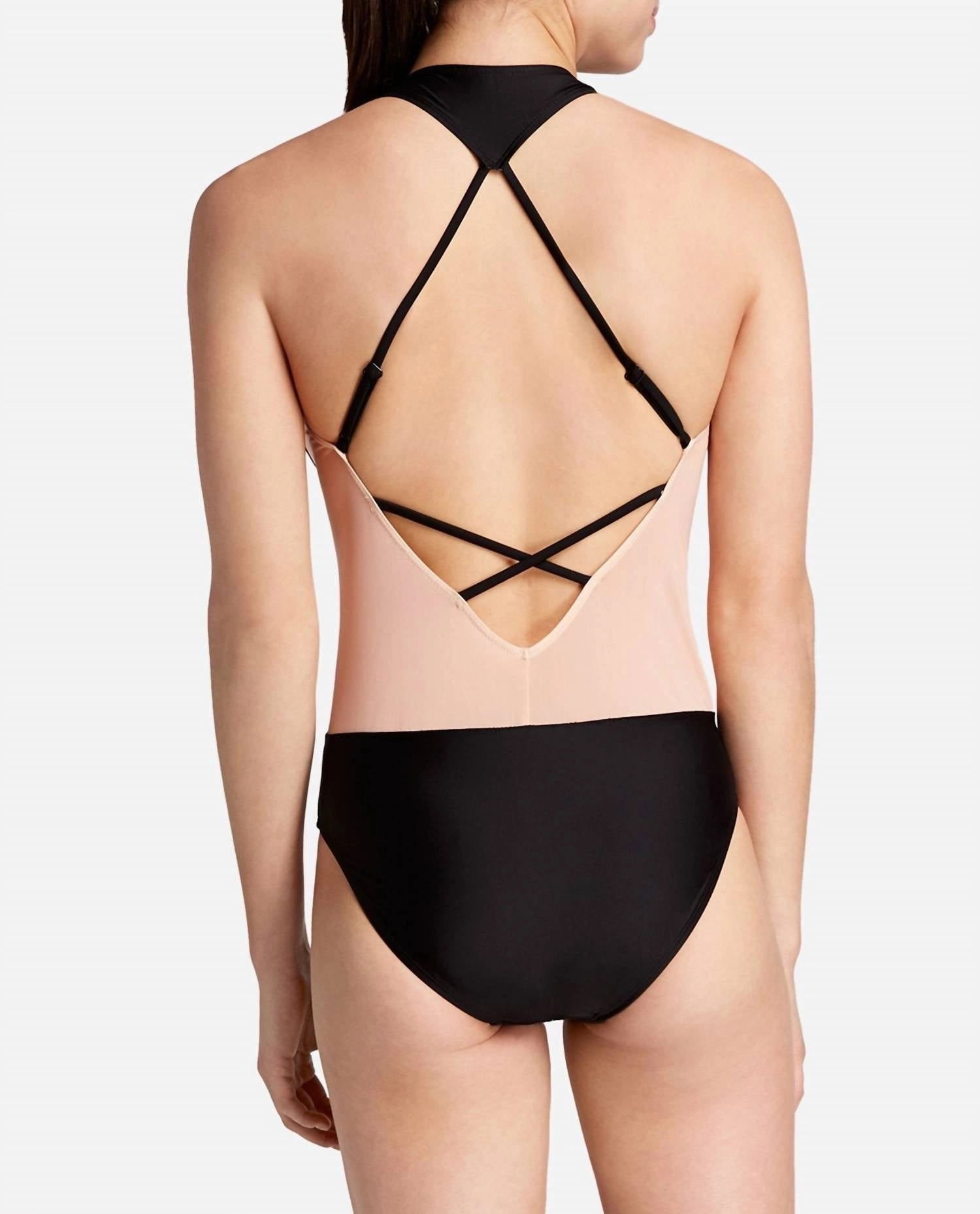 V-Neck Racerback Mesh Leotard One Piece Swimsuit In Rich Black