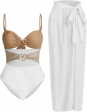 Verdusa Women's Cut Out One Piece Backless Wireless Swimsuit with Cover Up Skirt