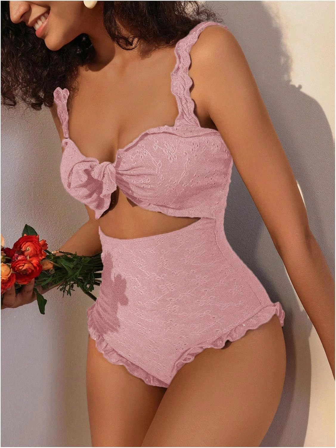 Verdusa Women's Cut Out One Piece Swimsuit Frill Trim Tummy Control Bathing Suit