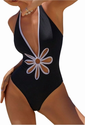 Verdusa Women's One Piece Swimsuit Floral Cut Out Deep V Neck Halter Backless Bathing Suit