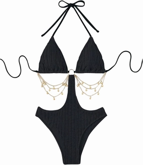 WDIRARA Women's Chain Linked Cut Out Halter One Piece Swimsuit