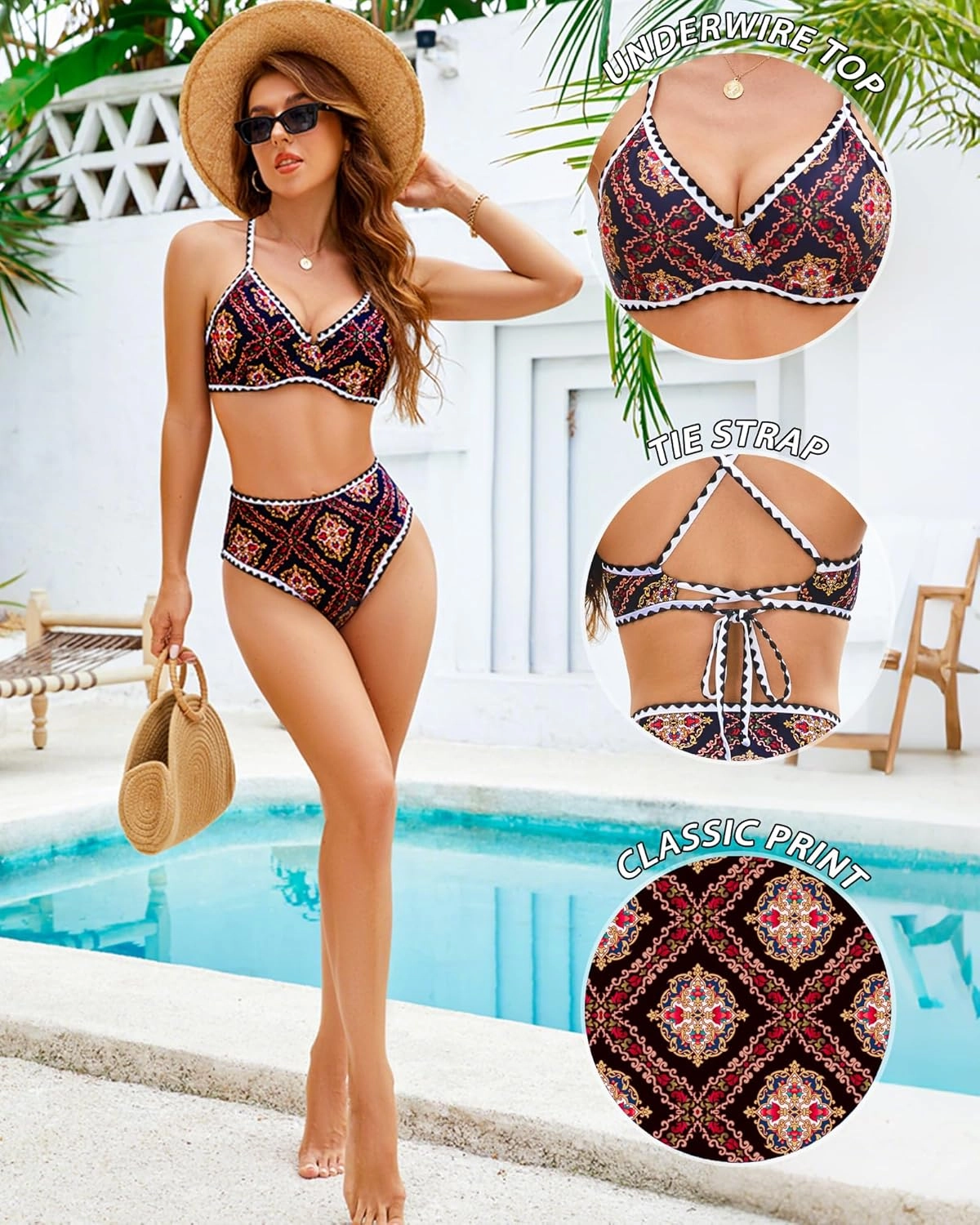 Women High Waisted Bikini Sets-Tummy Control Swimsuit Two Piece Bathing Suit Full Coverage Teen Triangle Top Floral
