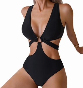 Women's Deep V Neck One Piece Swimsuit O-Ring Swimwear Sexy Cut Out Bathing Suit
