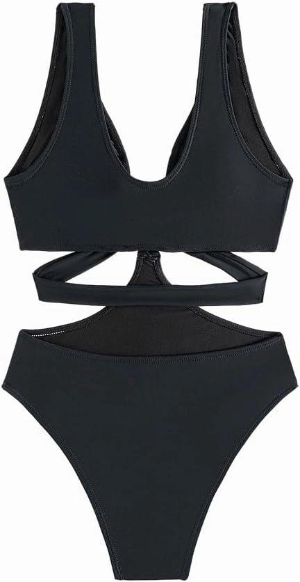 Women's Deep V Neck One Piece Swimsuit O-Ring Swimwear Sexy Cut Out Bathing Suit