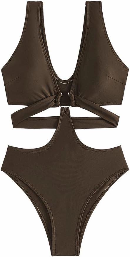 Women's Deep V Neck One Piece Swimsuit O-Ring Swimwear Sexy Cut Out Bathing Suit