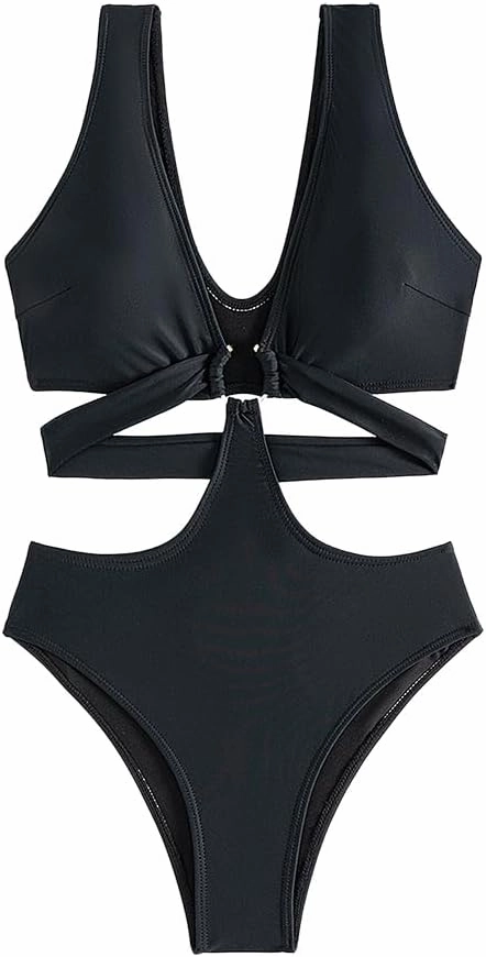 Women's Deep V Neck One Piece Swimsuit O-Ring Swimwear Sexy Cut Out Bathing Suit