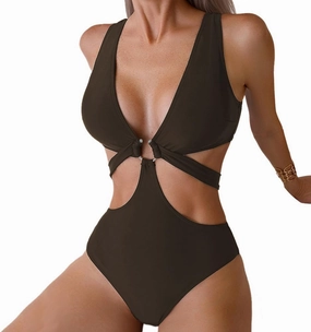 Women's Deep V Neck One Piece Swimsuit O-Ring Swimwear Sexy Cut Out Bathing Suit