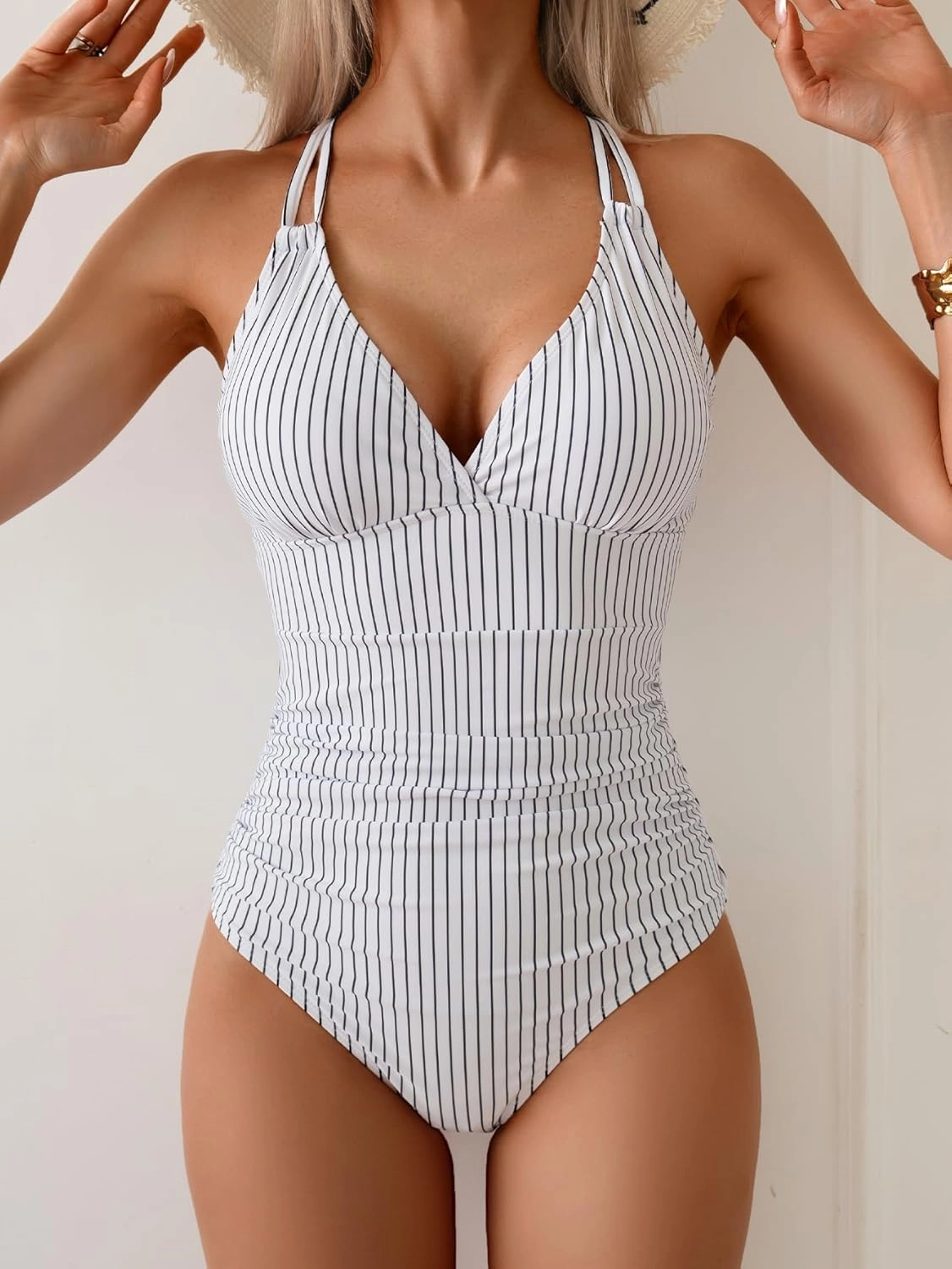 Women's One Piece Color Block Swimsuit Tummy Control Slimming Bathing Suit V Neck Cutout High Waisted Swimwear