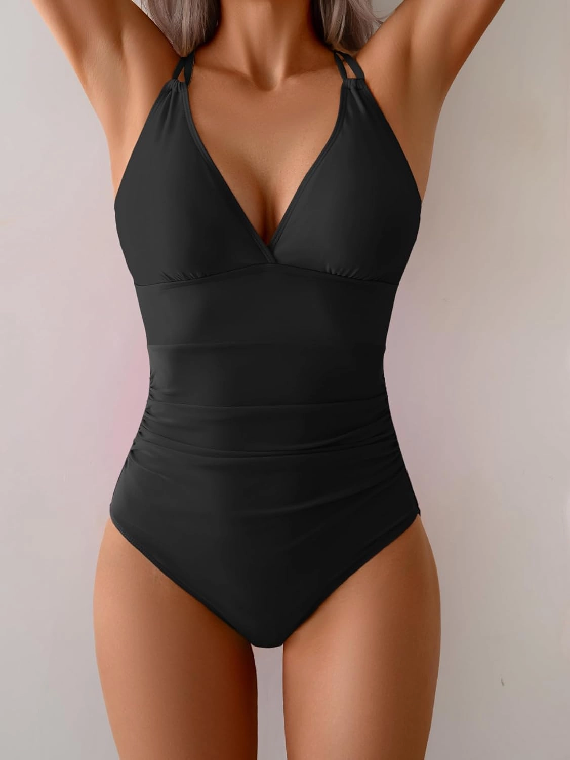 Women's One Piece Color Block Swimsuit Tummy Control Slimming Bathing Suit V Neck Cutout High Waisted Swimwear