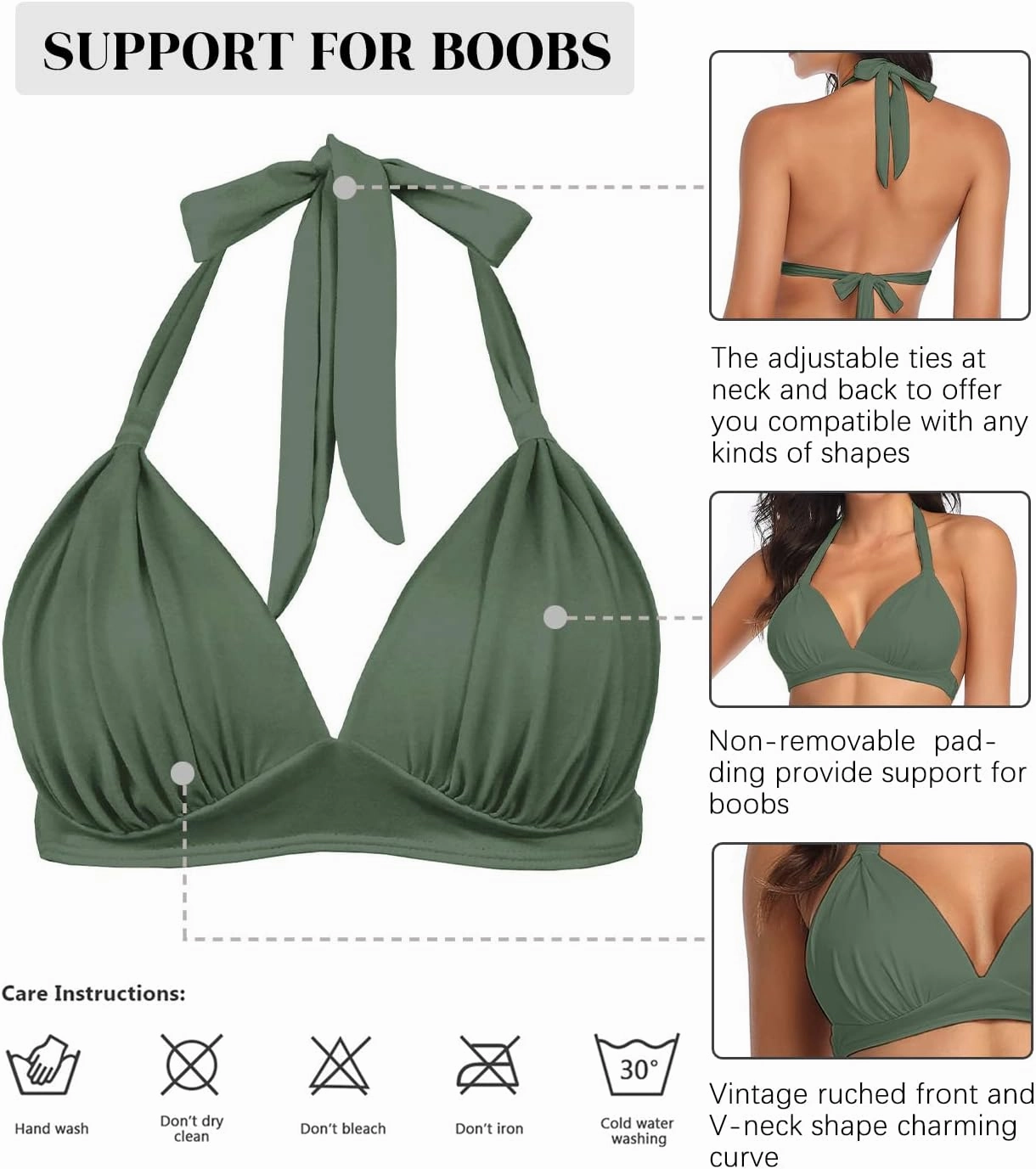 Women's Retro 50s Plaid Pattern Polka Dot Halter Molded Soft Pads Vintage Bikini Swimsuits Tops