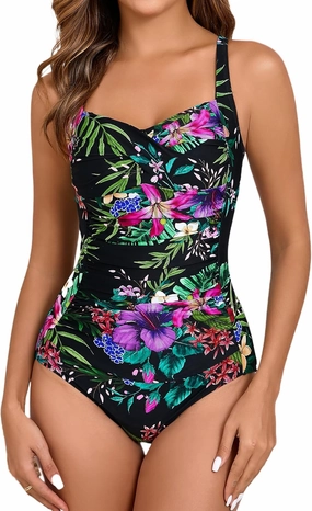 Women's Tummy Control One Piece Swimsuit Ruched Push Up Swimming Vintage Retro Bathing Suits