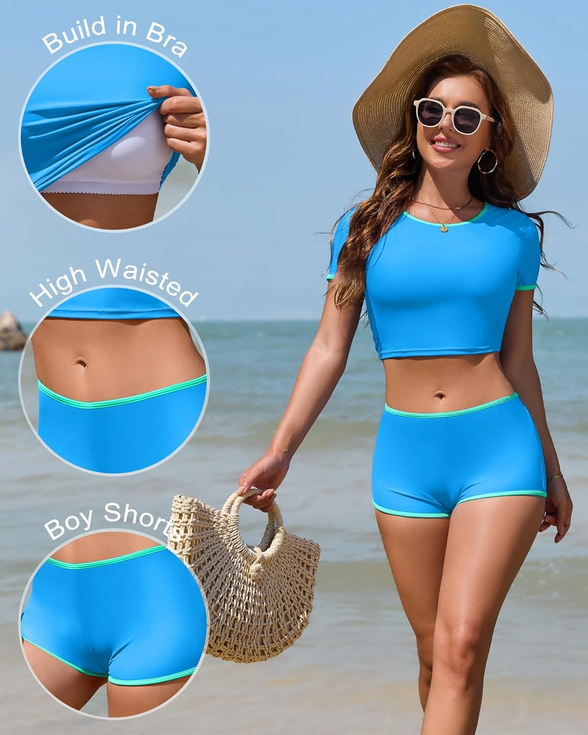 Women Sporty Tummy Control Swimsuit Color Block High Waisted Bikini Set Two Piece Bathing Suit Full Coverage Shorts