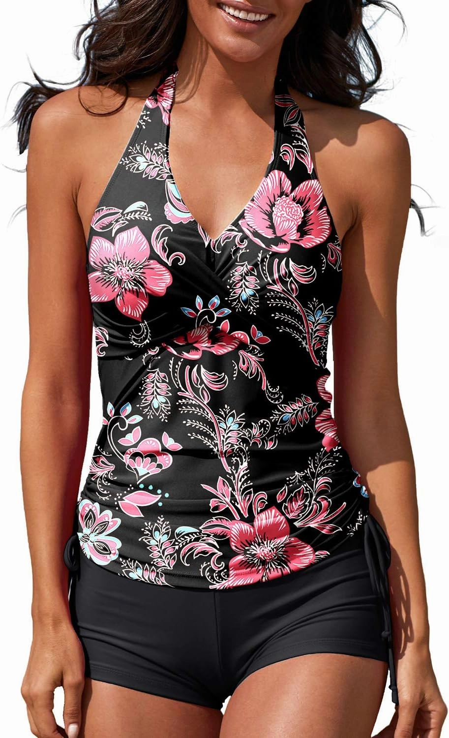 Women Two Piece Tankini Halter Padded Adjustable Drawstring Swimsuit with Boyshorts