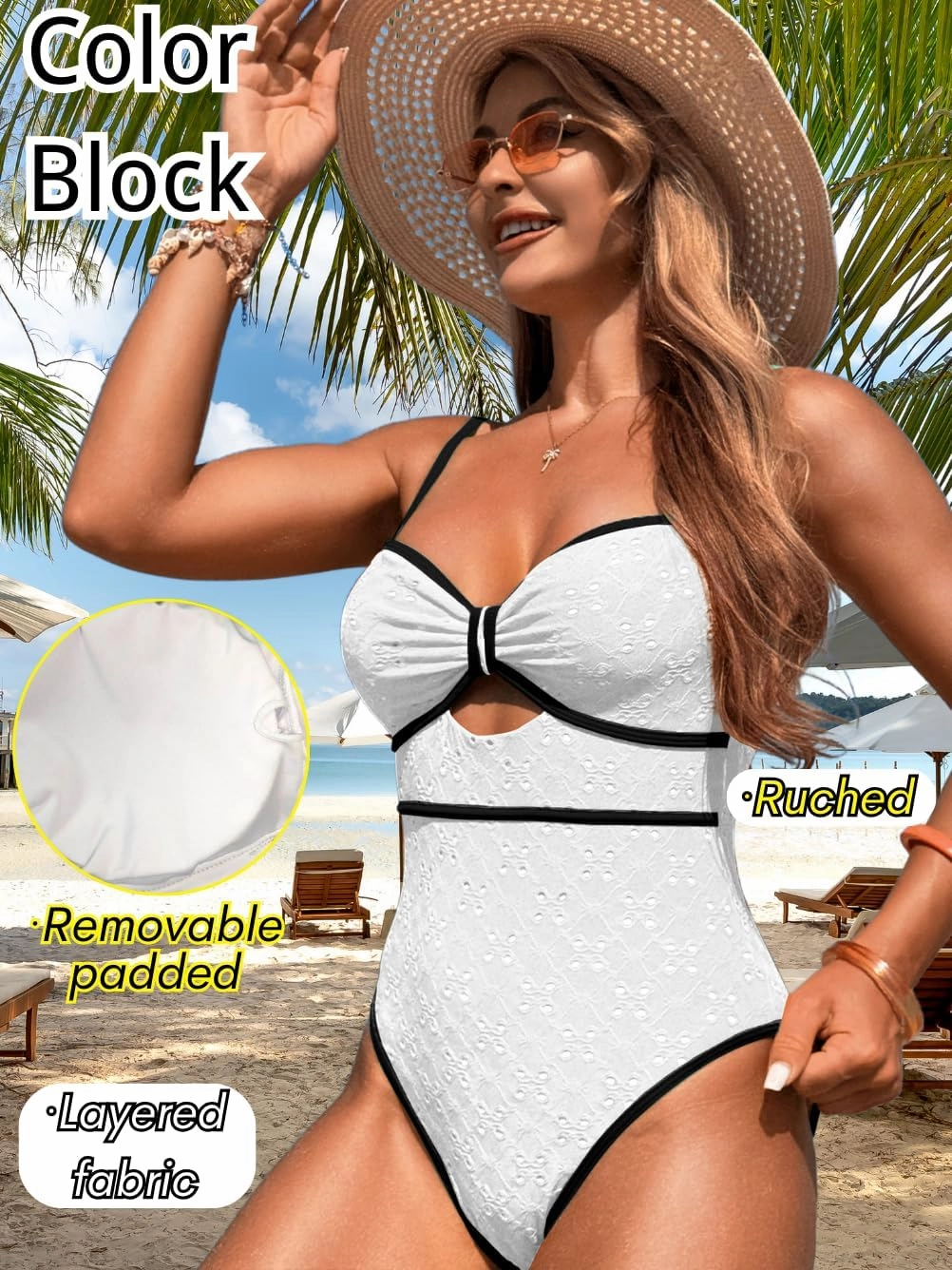 Womens One Piece Cutout Swimsuit, Sexy Tummy Control Bathing Suit, Color Block Monokini, 2025 Retro Swimwear