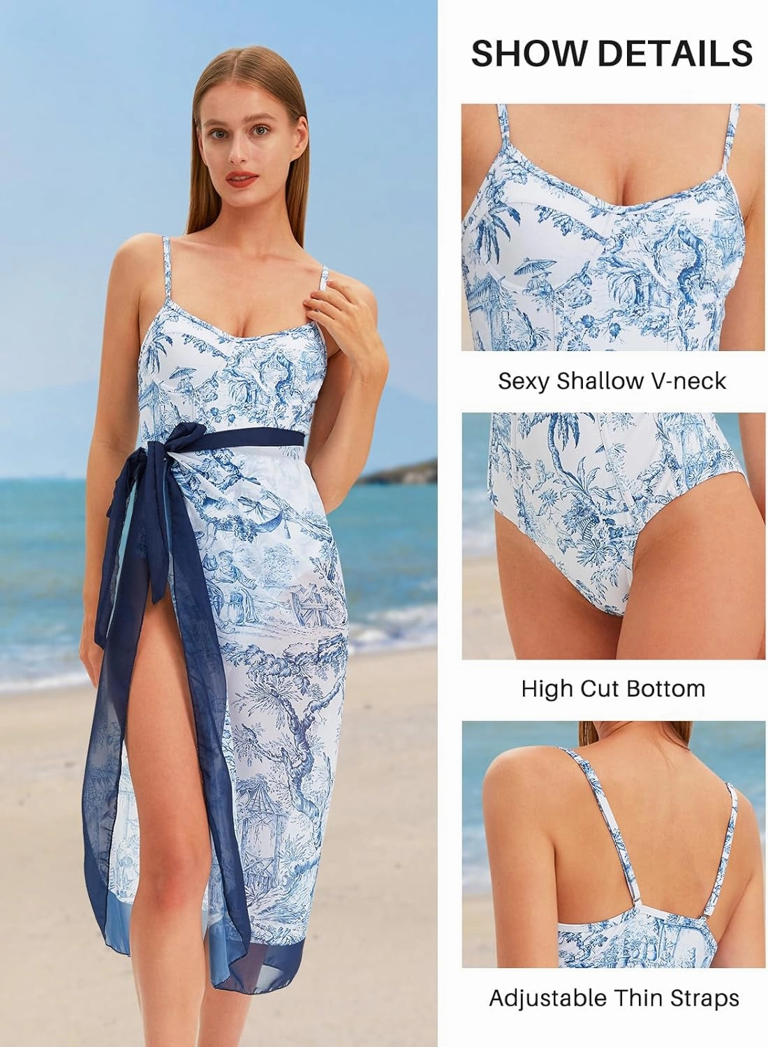 Womens One Piece Swimsuit with Cover Up Sarong Wrap Floral Bathing Suits 1 Piece Swim Suit with Beach Cover Up Set