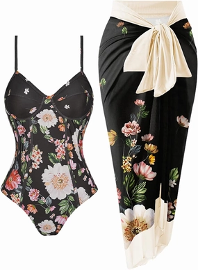 Womens One Piece Swimsuit with Cover Up Sarong Wrap Floral Bathing Suits 1 Piece Swim Suit with Beach Cover Up Set