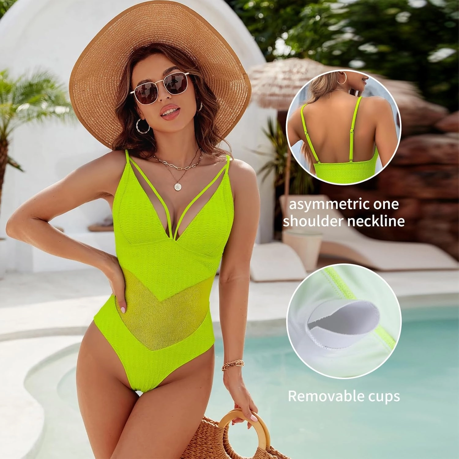 Womens One Piece Swimsuits-Sexy Deep V Neckline Tummy Control Bathing Suit Slimming Mesh Swimwear ?