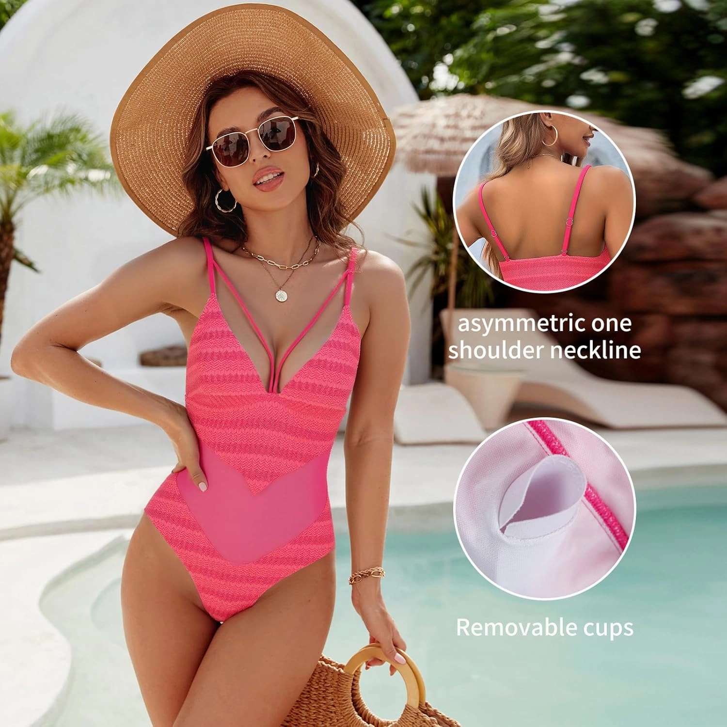 Womens One Piece Swimsuits-Sexy Deep V Neckline Tummy Control Bathing Suit Slimming Mesh Swimwear ?