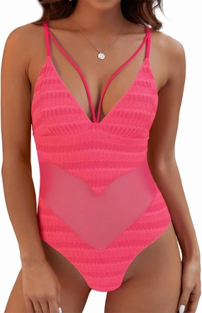 Womens One Piece Swimsuits-Sexy Deep V Neckline Tummy Control Bathing Suit Slimming Mesh Swimwear ?