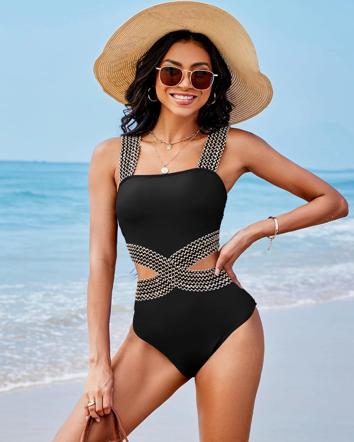 Womens One Piece Tummy Control Swimsuit Modest High Waisted Bathing Suit Color Block Bandeau Monokini Sexy Cutout