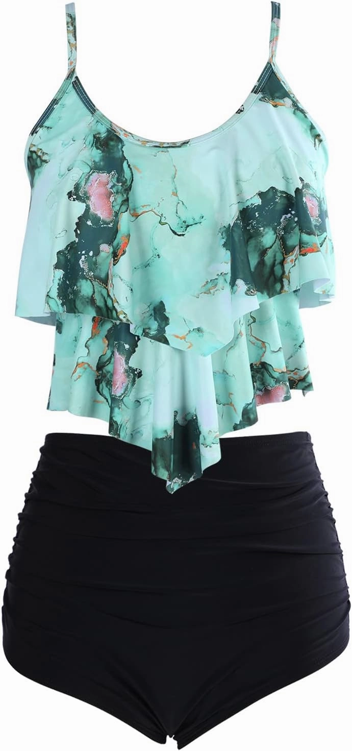 Womens Tankini Swimsuits Ruffled Tank Top Tummy Control Floral Modest Swimwear High Waisted Bikini