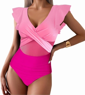 YaShaer Women's One Piece Swimsuit Bathing Suit Retro Ruffled V Neck Bathing Suits Tummy Control Swimwear