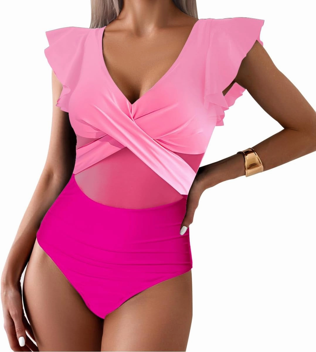 YaShaer Women's One Piece Swimsuit Bathing Suit Retro Ruffled V Neck Bathing Suits Tummy Control Swimwear