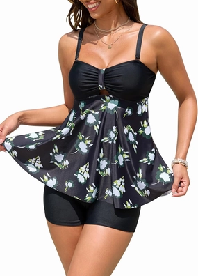 ZAFUL Tankini Swimsuits for Women Tummy Control Two Piece Modest Bathing Suits Floral Skirt Top with Boyshorts