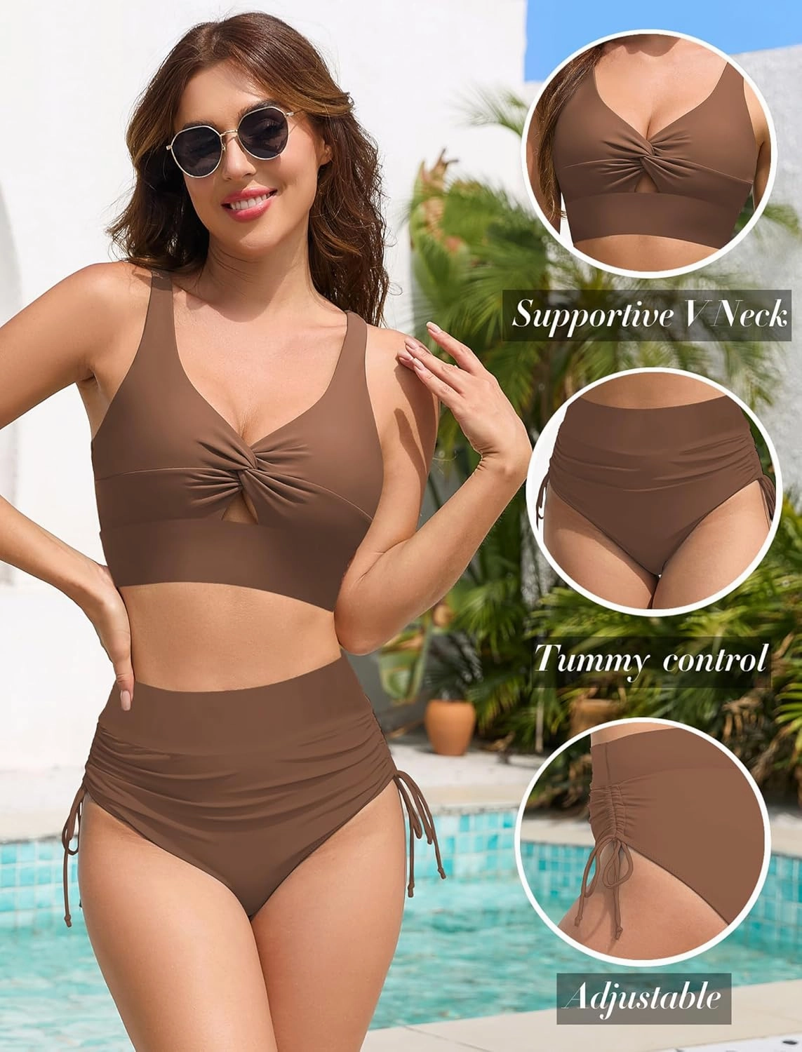 ZAFUL Women High Waisted Bikini Sets Color Block Swimsuit Two Piece Knot Twist Cut Out Drawstring Bathing Suit