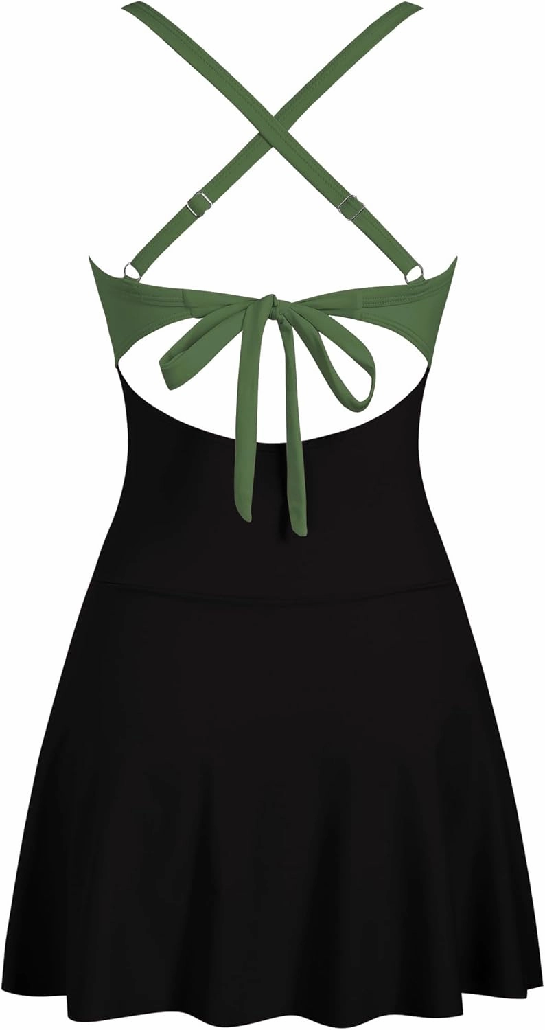 ZAFUL Women One Piece Swimdress Tummy Control Bathing Suit Push Up Swimsuit Modest Swimwear Cutout V Neck Cute Tie Knot Skirt