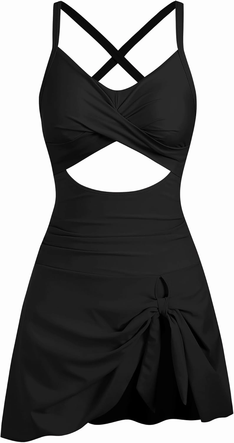 ZAFUL Women One Piece Swimdress Tummy Control Bathing Suit Push Up Swimsuit Modest Swimwear Cutout V Neck Cute Tie Knot Skirt