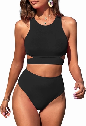 ZAFUL Women's Swimsuit High Waisted Bikini Sets Two Piece Swimsuit Scoop Neck Tank Side Cutout Midkini Stitching