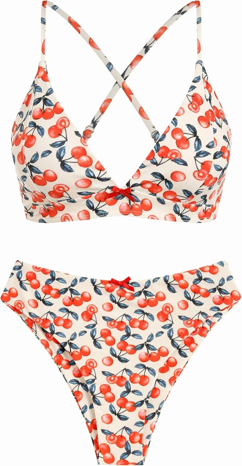 ZAFUL Women's V Neck Bikini Set High Waisted Swimsuits Lace Up Bow Decor Cheeky Two Piece Bathing Suit