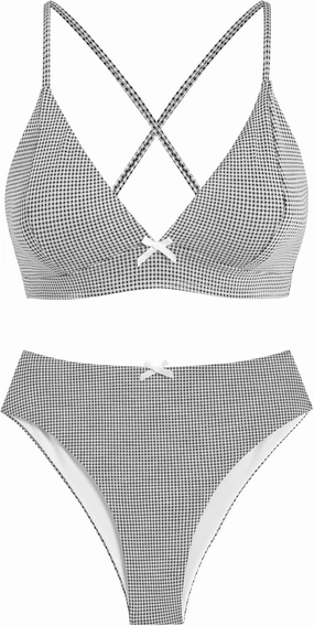 ZAFUL Women's V Neck Bikini Set High Waisted Swimsuits Lace Up Bow Decor Cheeky Two Piece Bathing Suit