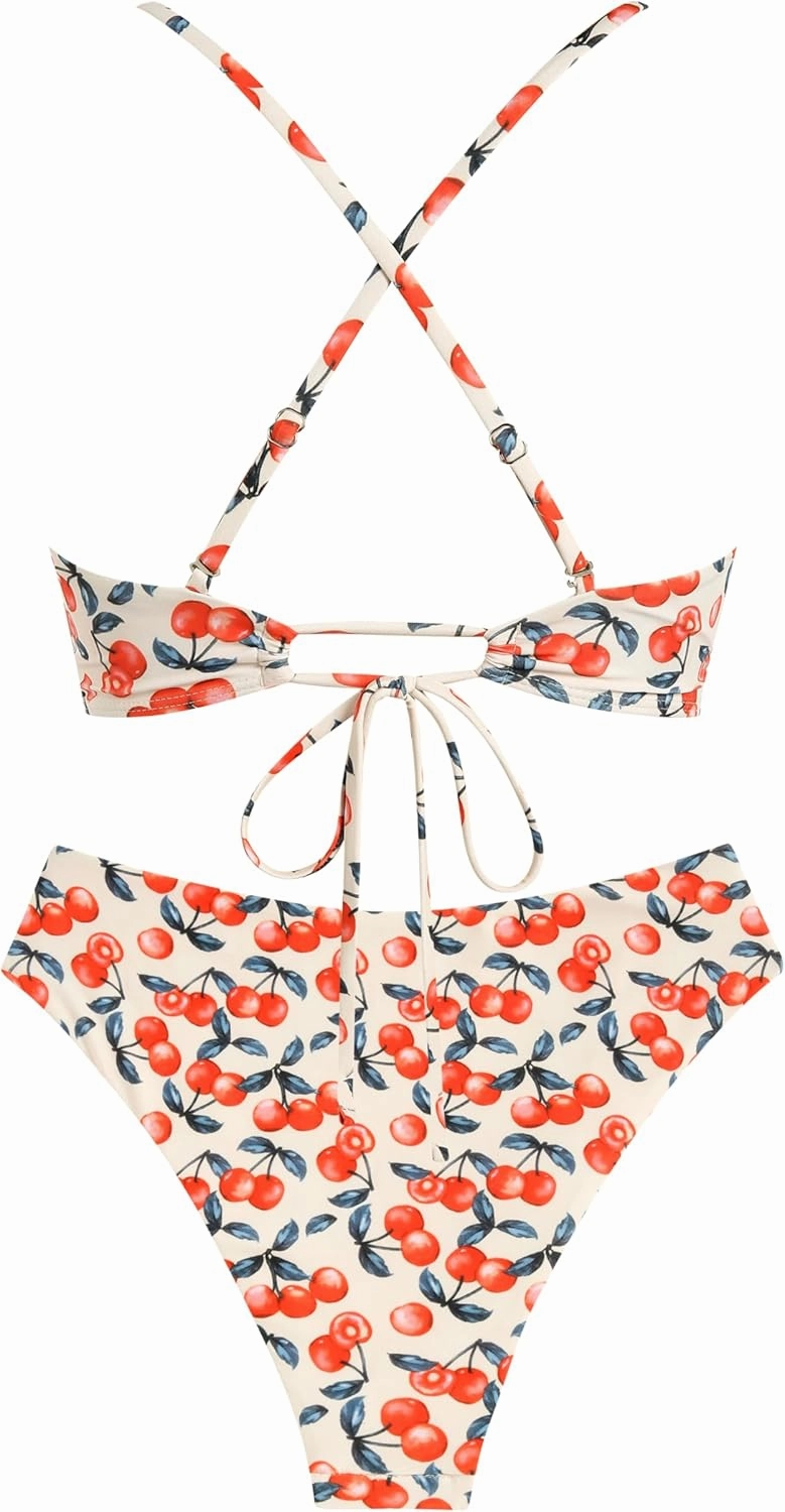 ZAFUL Women's V Neck Bikini Set High Waisted Swimsuits Lace Up Bow Decor Cheeky Two Piece Bathing Suit